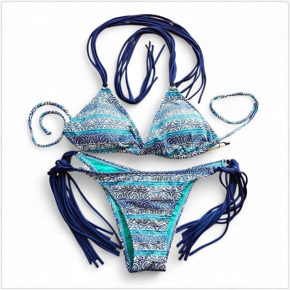 Sofia by VIX Paula Hermanny Moscow Print Fringe Scrunch Bikini 2 Piece NWT NEW L - Picture 8 of 10